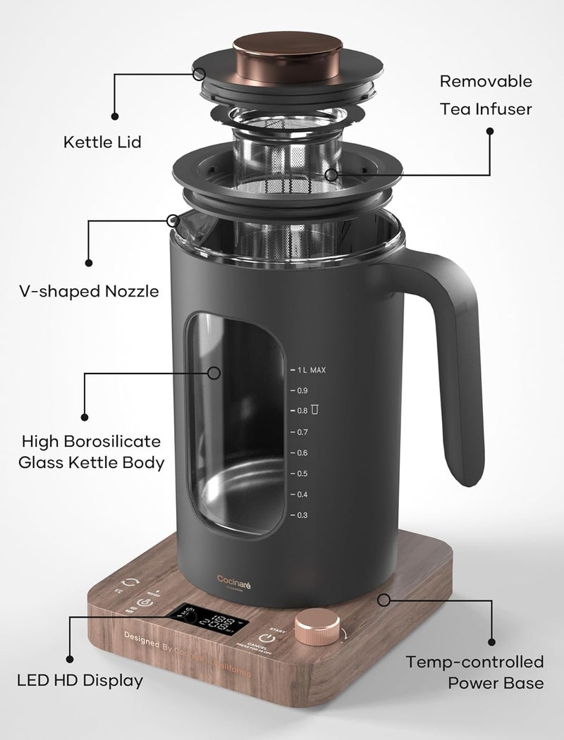intasting Electric Tea Kettle, Glass Electric Kettle with tea Infuser and Precise knob temperature control, 1200W Fast Heating, BPA-Free, Easy to Clean, for Tea and coffee, 1 Liter (Wood) - Image 2
